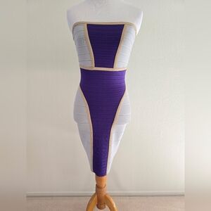 Cut25 Purple, Light Gray wit Yellow Accenrs, Strapless Bandage Dress Back Zipper